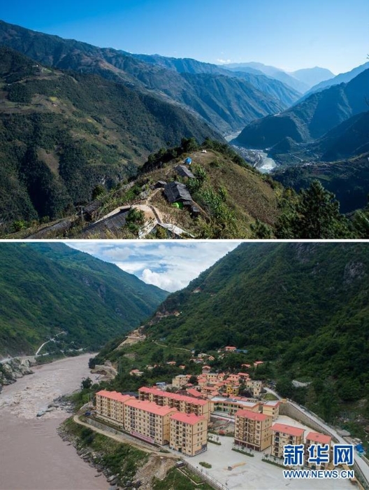 拼版照片：上圖是云南福貢縣匹河鄉(xiāng)托坪村一景（2016年11月25日攝）；下圖是搬遷到怒江邊的托坪村五湖易地扶貧搬遷安置點新村（2019年6月25日攝，無人機(jī)照片）。 新華社記者 胡超 攝