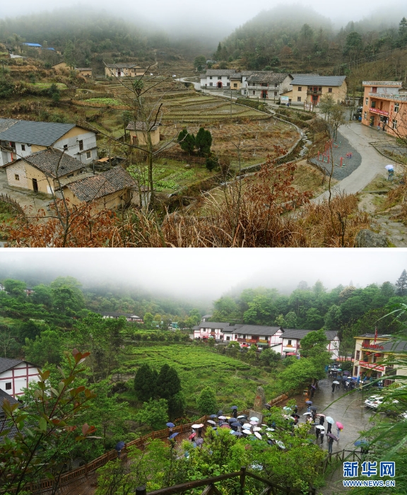　△拼版照片：上圖為2016年1月31日拍攝的井岡山市茅坪鎮(zhèn)神山村；下圖為游客在井岡山市茅坪鎮(zhèn)神山村游覽參觀（2021年4月26日攝）。新華社記者 萬(wàn)象 攝