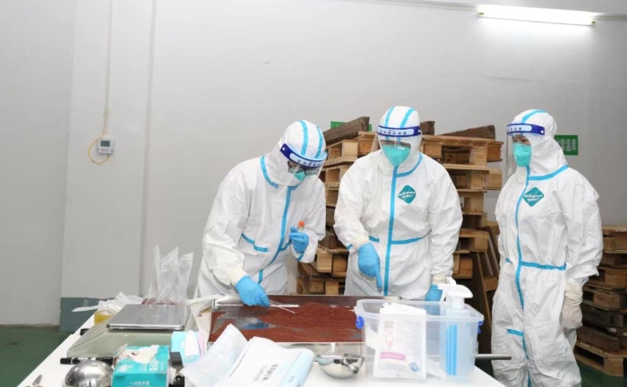 抽樣人員正在對所抽樣品進(jìn)行核酸檢測取樣（陳淑賢 攝）