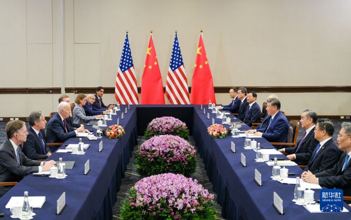 當(dāng)?shù)貢r間11月16日下午，國家主席習(xí)近平在利馬同美國總統(tǒng)拜登舉行會晤。新華社記者 丁林 攝